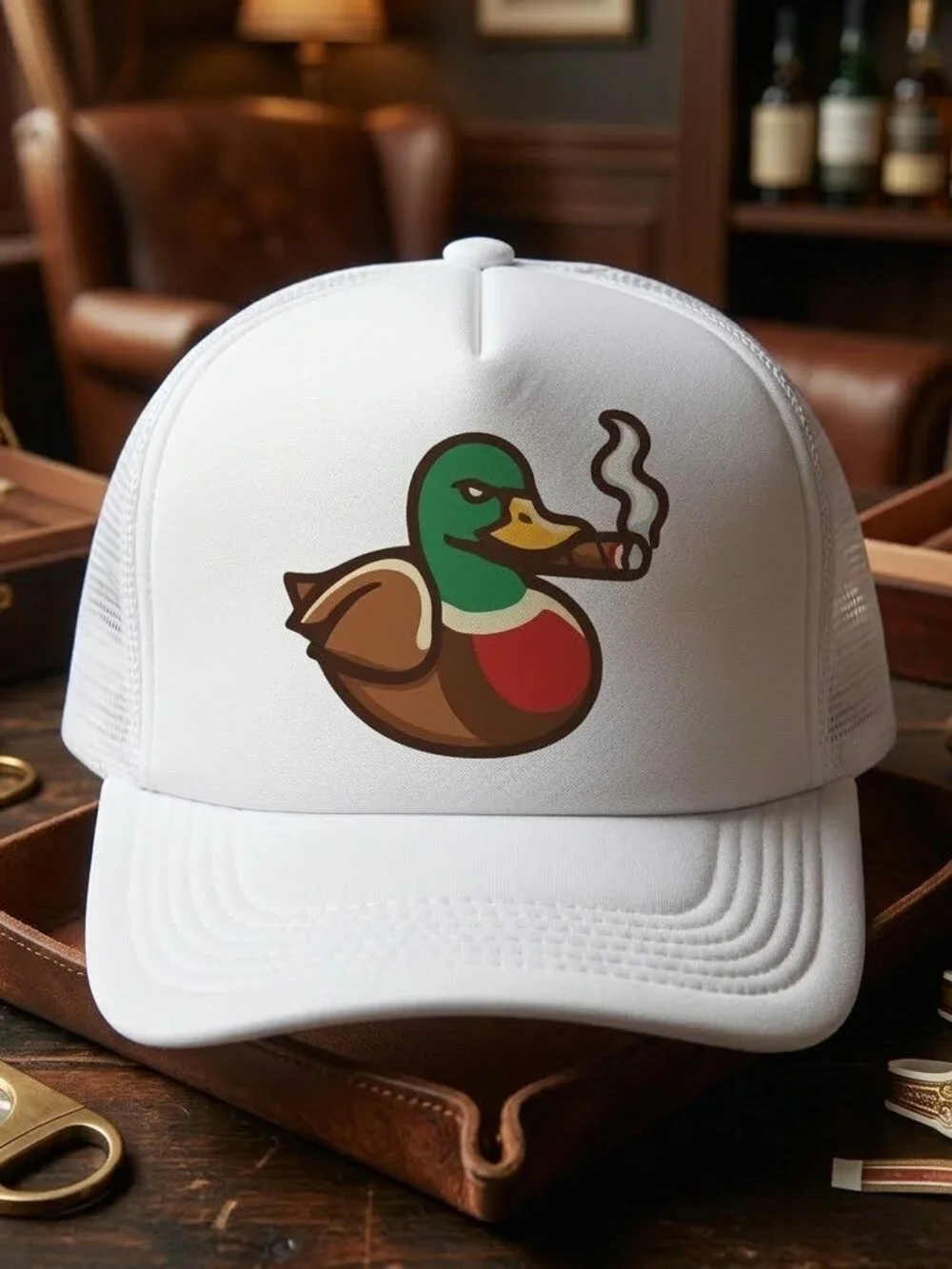 Retro Smoking Cigar Duck Foam Trucker Hat All White Mesh Snapback Cap New Huntin